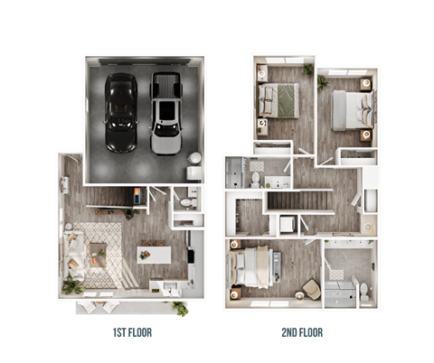 A floor plan of a two-story home with a garage on the first floor and a living area on the second floor.